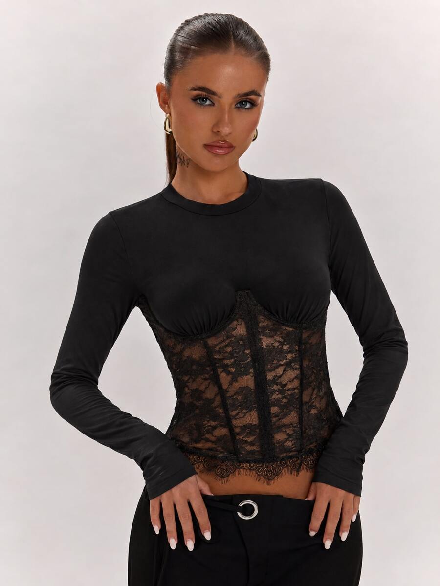 SHEIN BAE Fall& Winter Women's Sexy Black Lace Patchwork Long Sleeve Top Elegant - Black - View 1