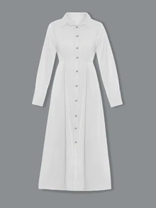 SHEIN Clasi 女士纯色高腰长袖夏季衬衫裙长款女装 - 白色 - 查看 3
