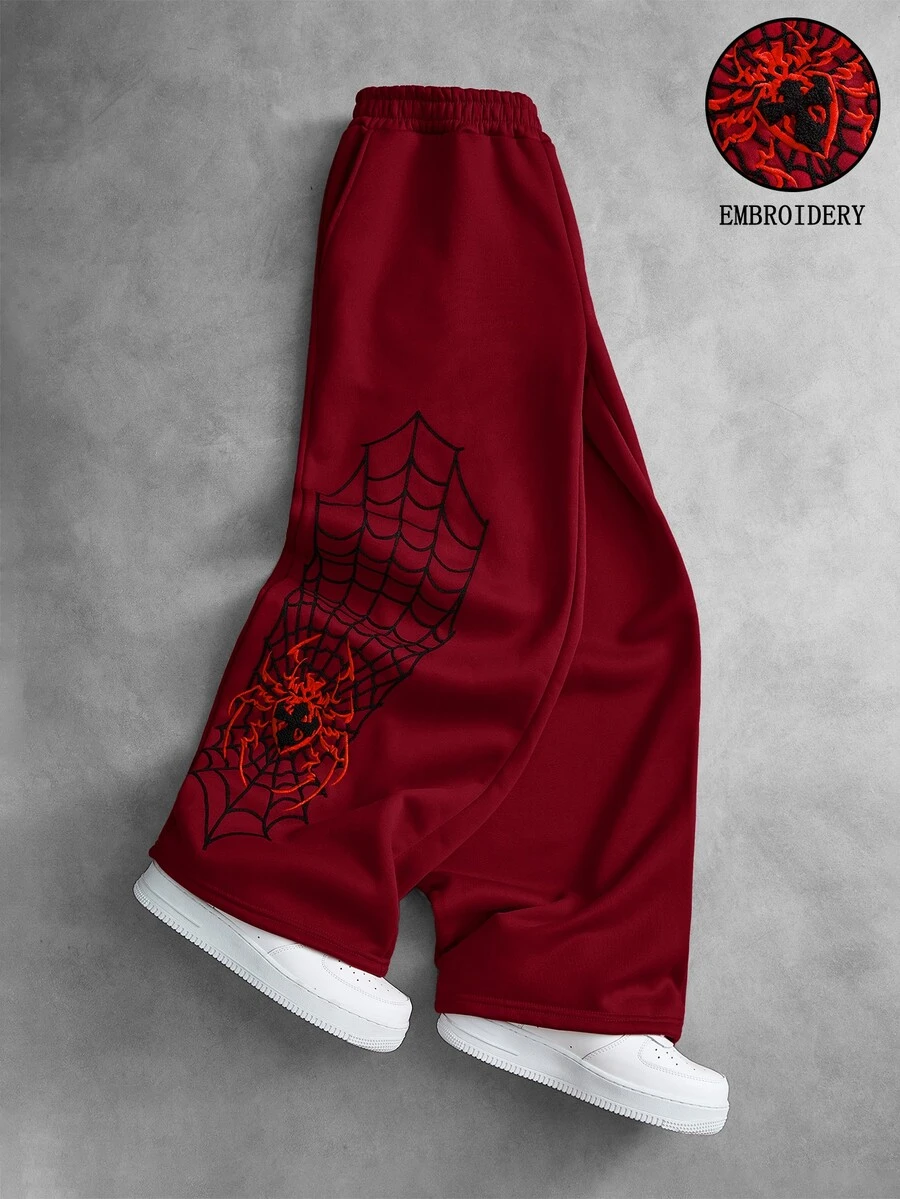 Manfinity Hypemode Celana Sweatpants Streetwear Pria Motif Bordir Handuk Laba-laba dan Jaring Laba-laba, Hadiah Ulang Tahun untuk Pacar/Suami - Burgundy - View 1
