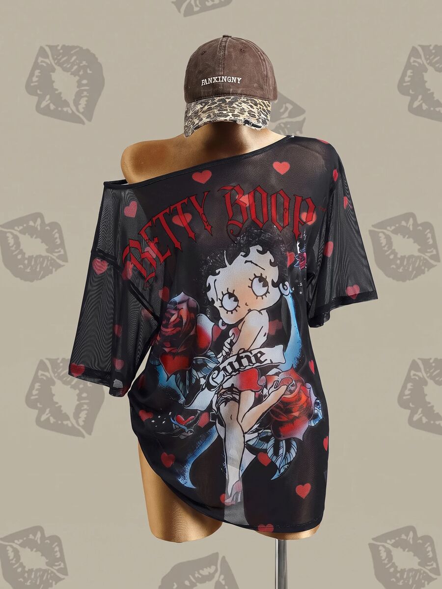 Betty Boop x SHEIN 女款卡通印花時尚度假上衣 - 彩色 - 查看 1