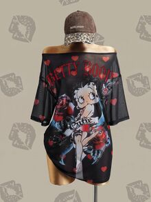 Betty Boop x SHEIN 女款卡通印花時尚度假上衣 - 彩色 - 查看 3