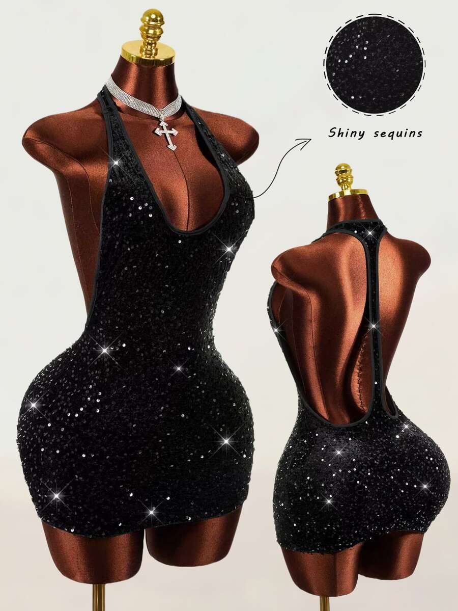 Mistrie 2026 Summer New Velvet Sequin Sexy Women's Rhinestone Decor Sleeveless Backless Mini Dress, Suitable For Everyday Club Night Out Dates Halloween Black