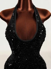 Mistrie 2026 Summer New Velvet Sequin Sexy Women's Rhinestone Decor Sleeveless Backless Mini Dress, Suitable For Everyday Club Night Out Dates Halloween Black - Black - View 6