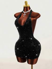 Mistrie 2026 Summer New Velvet Sequin Sexy Women's Rhinestone Decor Sleeveless Backless Mini Dress, Suitable For Everyday Club Night Out Dates Halloween Black - Black - View 3
