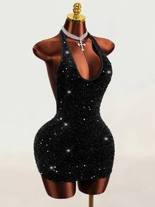 Mistrie 2026 Summer New Velvet Sequin Sexy Women's Rhinestone Decor Sleeveless Backless Mini Dress, Suitable For Everyday Club Night Out Dates Halloween Black - Black - View 8