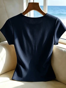 SHEIN Franclia 女款圓領蝴蝶結裝飾短袖T恤，復活節，夏季，女款優雅上衣，度假，通勤上衣，日常 - 寶藍色 - 查看 2