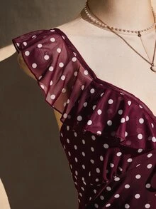 SHEIN ICON 大尺碼女款韓式波點荷葉邊綁帶洋裝 - 酒紅色 - 查看 8