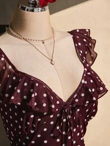 SHEIN ICON 大尺碼女款韓式波點荷葉邊綁帶洋裝 - 酒紅色 - 查看 7