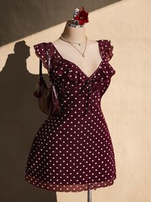 SHEIN ICON 大尺碼女款韓式波點荷葉邊綁帶洋裝 - 酒紅色 - 查看 3