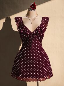 SHEIN ICON 大尺碼女款韓式波點荷葉邊綁帶洋裝 - 酒紅色 - 查看 5
