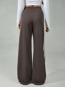 SHEIN Tall 女款彈性腰側條紋寬腿寬鬆休閒運動長褲，返校季 - 深灰色 - 查看 2
