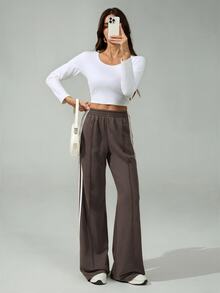 SHEIN Tall 女款彈性腰側條紋寬腿寬鬆休閒運動長褲，返校季 - 深灰色 - 查看 8