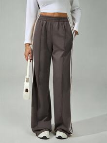 SHEIN Tall 女款彈性腰側條紋寬腿寬鬆休閒運動長褲，返校季 - 深灰色 - 查看 5