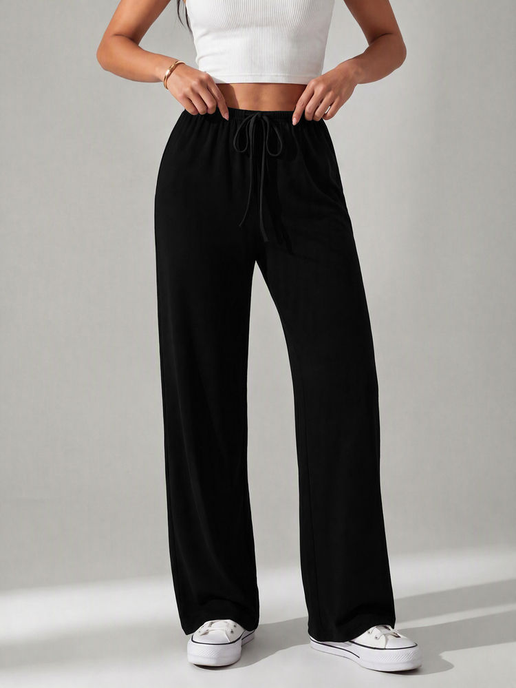 SHEIN PETITE Two-Tone Knit Women Wide Leg Long Pants - Black and White - View 12