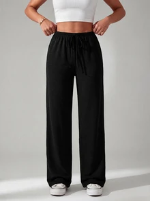 SHEIN PETITE Two-Tone Knit Women Wide Leg Long Pants - Multicolor - View 4