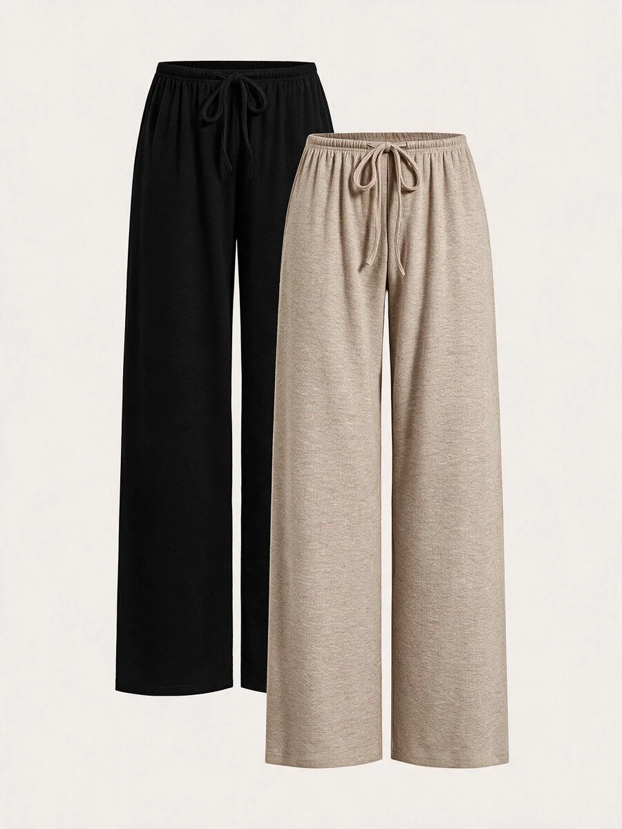 SHEIN PETITE Two-Tone Knit Women Wide Leg Long Pants - Multicolor - View 1