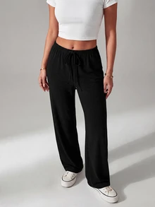SHEIN PETITE Two-Tone Knit Women Wide Leg Long Pants - Multicolor - View 5