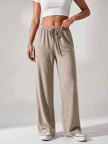 SHEIN PETITE Two-Tone Knit Women Wide Leg Long Pants - Multicolor - View 12