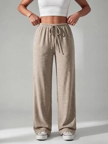 SHEIN PETITE Two-Tone Knit Women Wide Leg Long Pants - Multicolor - View 2