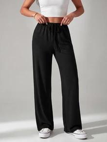 SHEIN PETITE Two-Tone Knit Women Wide Leg Long Pants - Multicolor - View 6