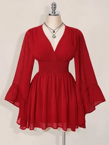 SHEIN ICON 女款街頭風抓皺收腰優雅洋裝 - 紅色 - 查看 8