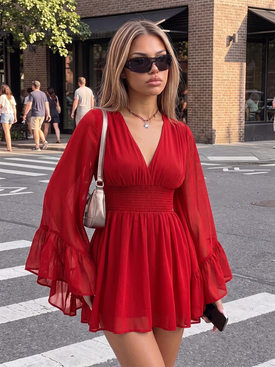 SHEIN ICON 女款街頭風抓皺收腰優雅洋裝 - 紅色 - 查看 1
