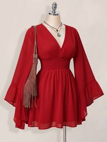 SHEIN ICON 女款街頭風抓皺收腰優雅洋裝 - 紅色 - 查看 6