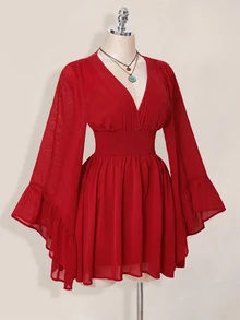 SHEIN ICON 女款街頭風抓皺收腰優雅洋裝 - 紅色 - 查看 7