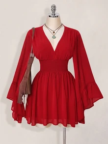 SHEIN ICON 女款街頭風抓皺收腰優雅洋裝 - 紅色 - 查看 4