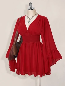 SHEIN ICON 女款街頭風抓皺收腰優雅洋裝 - 紅色 - 查看 10