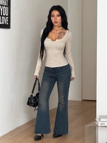 Coolane Women's Fall Going Out Everyday Streetwear Basic Casual Notched Slim Fit Warm Rib Knit Beige Long Sleeve T-Shirt With Fleece - Beige - View 7
