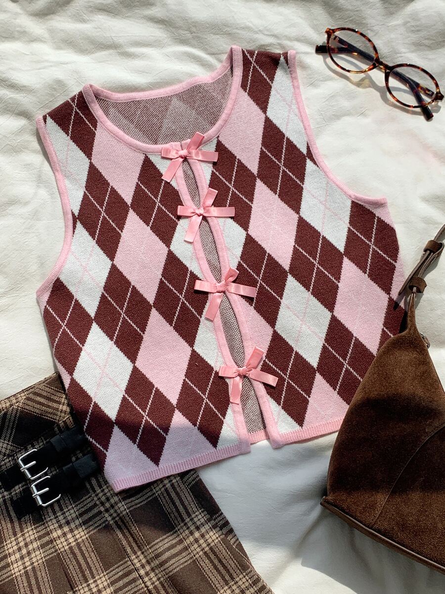 Comfortcana Women's Diamond Quilted Bow Decor Sleeveless Sweater - Pink - View 1