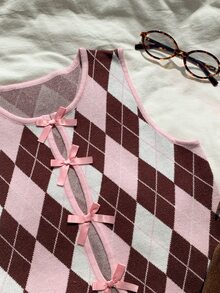 Comfortcana Women's Diamond Quilted Bow Decor Sleeveless Sweater - Pink - View 7