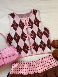 Comfortcana Women's Diamond Quilted Bow Decor Sleeveless Sweater - Pink - View 3