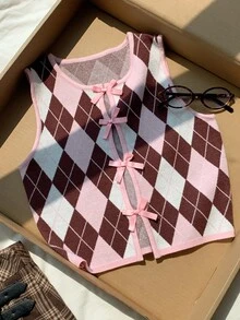 Comfortcana Women's Diamond Quilted Bow Decor Sleeveless Sweater - Pink - View 4
