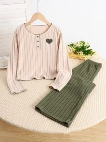 SHEIN Tween Girls Colorblock Minimalist Kids Long Sleeve Autumn Pants Fleece Applique Embroidery Set - Multicolor - View 5