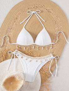 SHEIN Swim Springbreak 纯色纹理面料外壳挂绳装饰吊带比基尼上衣和系带三角裤，夏季海滩派对女士比基尼套装 - 白色 - 查看 6