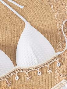 SHEIN Swim Springbreak 纯色纹理面料外壳挂绳装饰吊带比基尼上衣和系带三角裤，夏季海滩派对女士比基尼套装 - 白色 - 查看 5