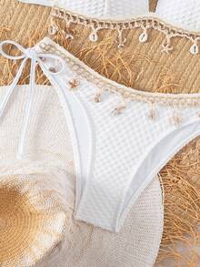 SHEIN Swim Springbreak 纯色纹理面料外壳挂绳装饰吊带比基尼上衣和系带三角裤，夏季海滩派对女士比基尼套装 - 白色 - 查看 4