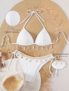 SHEIN Swim Springbreak 纯色纹理面料外壳挂绳装饰吊带比基尼上衣和系带三角裤，夏季海滩派对女士比基尼套装 - 白色 - 查看 2