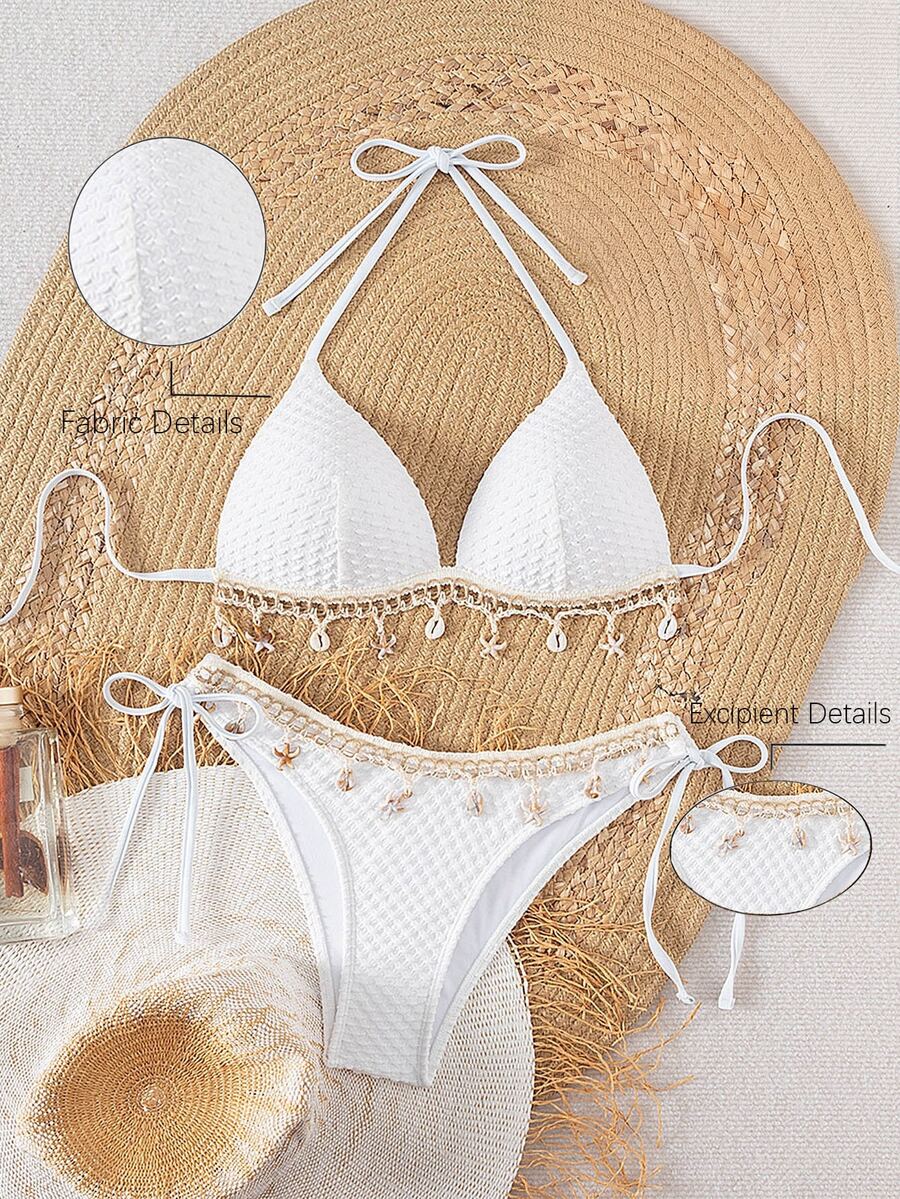 SHEIN Swim Springbreak 纯色纹理面料外壳挂绳装饰吊带比基尼上衣和系带三角裤，夏季海滩派对女士比基尼套装