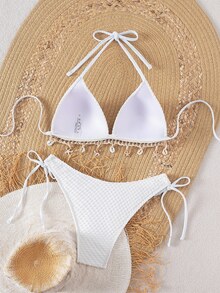SHEIN Swim Springbreak 纯色纹理面料外壳挂绳装饰吊带比基尼上衣和系带三角裤，夏季海滩派对女士比基尼套装 - 白色 - 查看 7