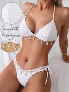 SHEIN Swim Springbreak 纯色纹理面料外壳挂绳装饰吊带比基尼上衣和系带三角裤，夏季海滩派对女士比基尼套装 - 白色 - 查看 3