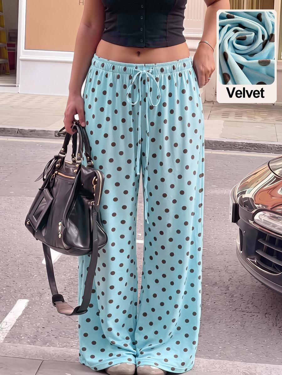 Comfortcana Plus Size Women Polka Dot Casual Versatile Wide Leg Pants For Daily Wear Fall - Baby Blue - View 1