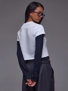 MUSERA White Colour Contrast Overlay Long Sleeve Top Winter Autumn Everyday Casual Going Out Cool Weekdaze Autumn Fall Winter - Black and White - View 5