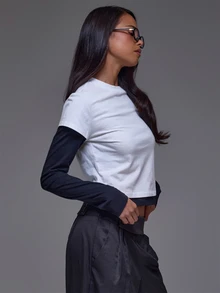 MUSERA White Colour Contrast Overlay Long Sleeve Top Winter Autumn Everyday Casual Going Out Cool Weekdaze Autumn Fall Winter - Black and White - View 4
