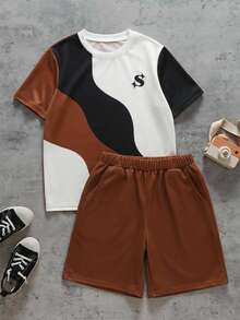 Vacaura 2 piezas/Set Camiseta de cuello redondo con diseño de bloques de color y patchwork para niños, cómoda y de moda para uso diario, escuela, deportes - Marrón - Ver 4