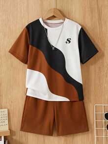 Vacaura 2 piezas/Set Camiseta de cuello redondo con diseño de bloques de color y patchwork para niños, cómoda y de moda para uso diario, escuela, deportes - Marrón - Ver 2