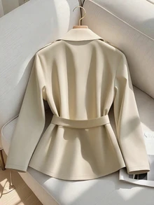 SHEIN Sparklyn Girls' New Basic Button Decor Waist-Cinching Long Sleeve Apricot Trench Coat, Fall Clothes, Exquisite Shoulder Patch Detail - Khaki - View 4