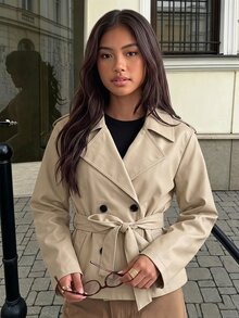 SHEIN Sparklyn Girls' New Basic Button Decor Waist-Cinching Long Sleeve Apricot Trench Coat, Fall Clothes, Exquisite Shoulder Patch Detail - Khaki - View 5